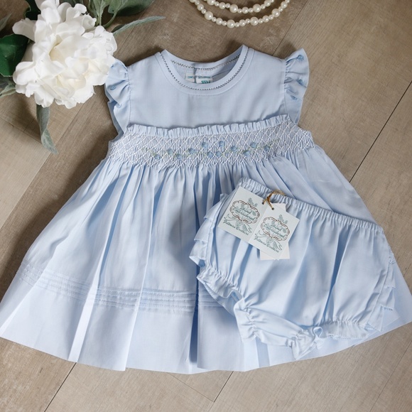 Girls Dress Blue Smocked Ruffled Diaper Cover Size 3 Months Feltman Brothers NWT - Picture 1 of 6